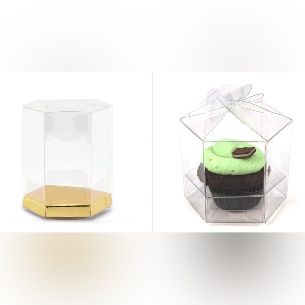 Hexagonal Plastic Boxes w/ Gold Bottoms & Twist Top Cupcake Box See Description